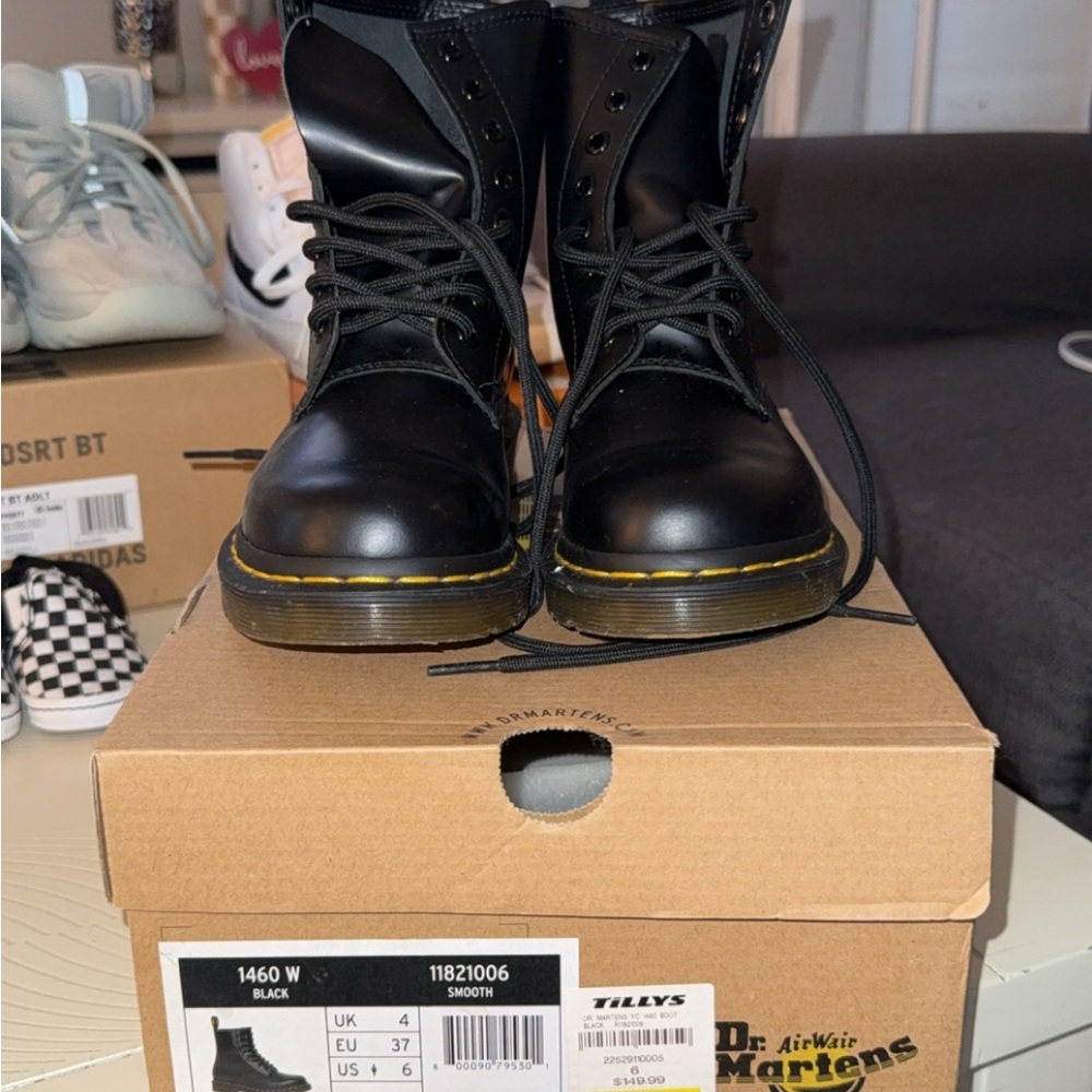Dr. Martens Smooth Black Boots with Yellow Stitching